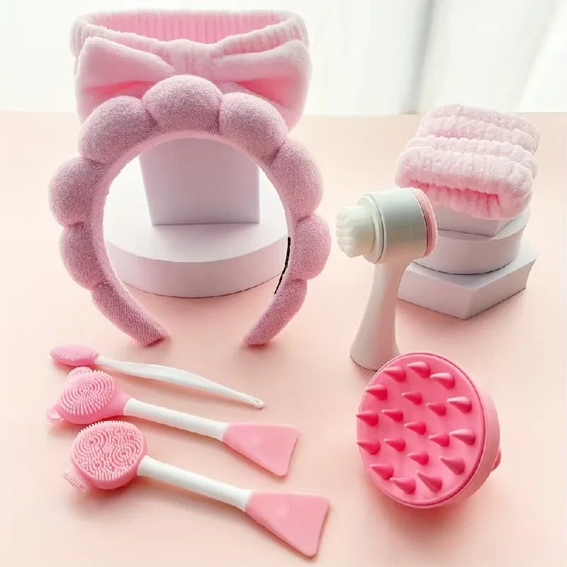 9-Piece Ultimate Skincare & Spa Set – Silicone Facial Cleansing Brushes, Spa Headbands & Wrist Washbands Kit