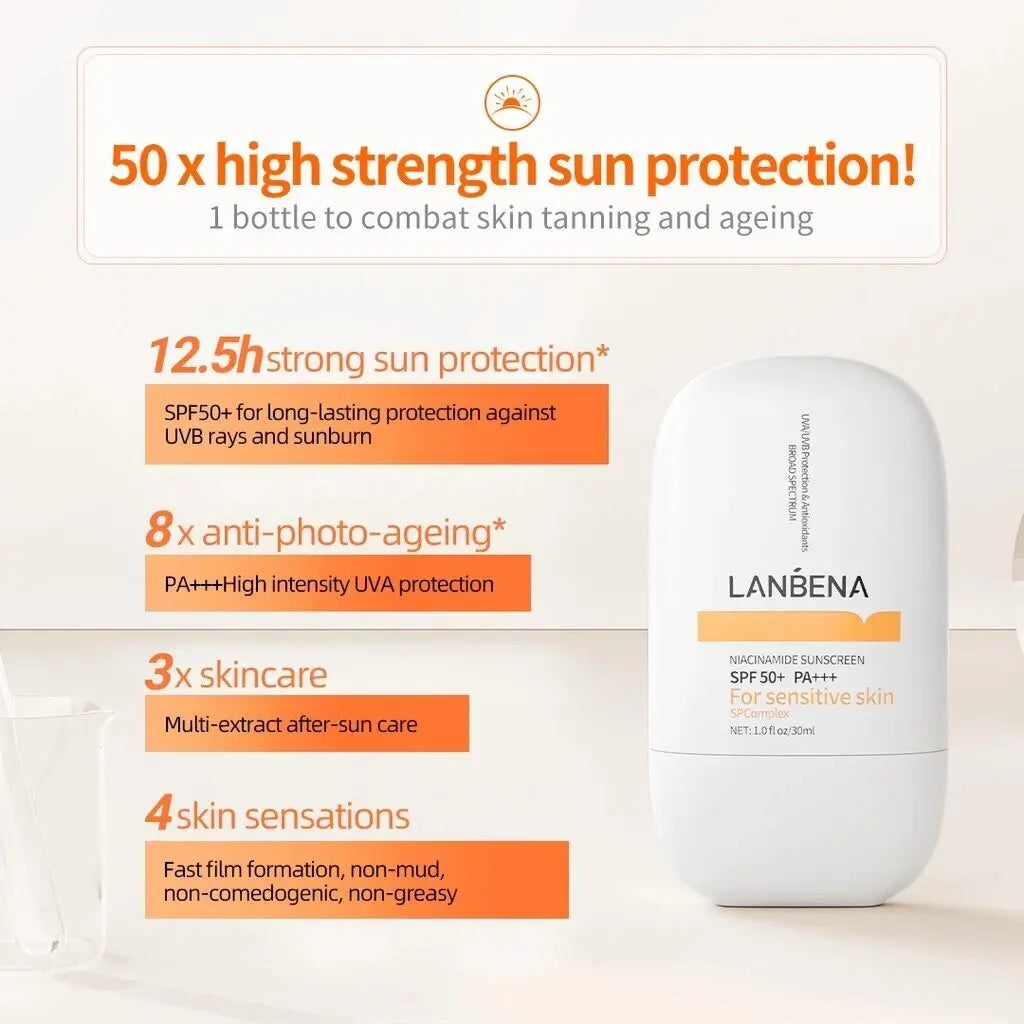 LANBENA Niacinamide Sunscreen SPF 50+ PA+++ – 12-Hour Long-Lasting Protection & Brightening for Sensitive Skin (30ml)