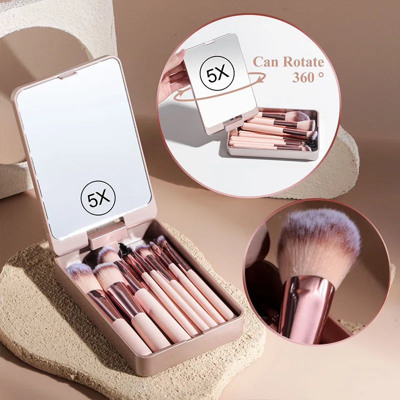 All-in-One Travel Makeup Brush Set with LED Mirror & Sponges – Portable 360° Rotating Case