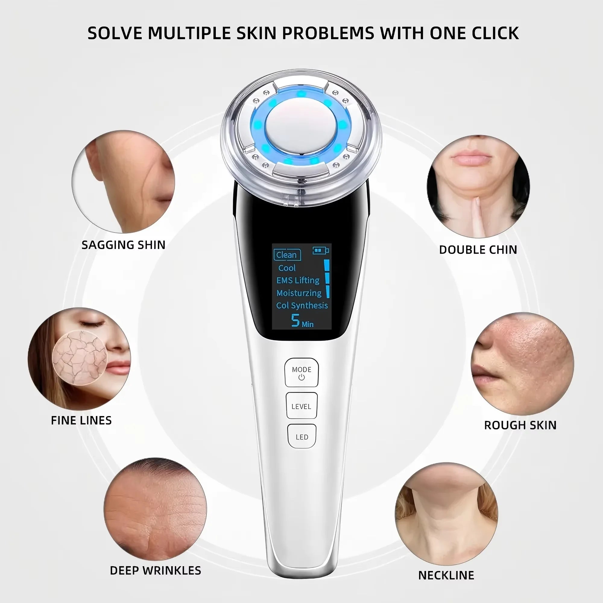 5-in-1 EMS LED Facial Massager – Hot & Cold Sonic Skin Tightening Device