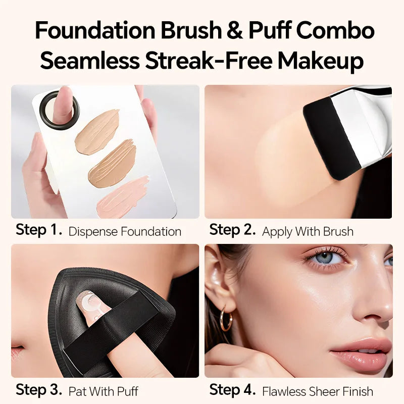 Complete Flawless Foundation Kit - Flat Top Brush, 3-Layer Puff with Case, and Stainless Steel Mixing Palette