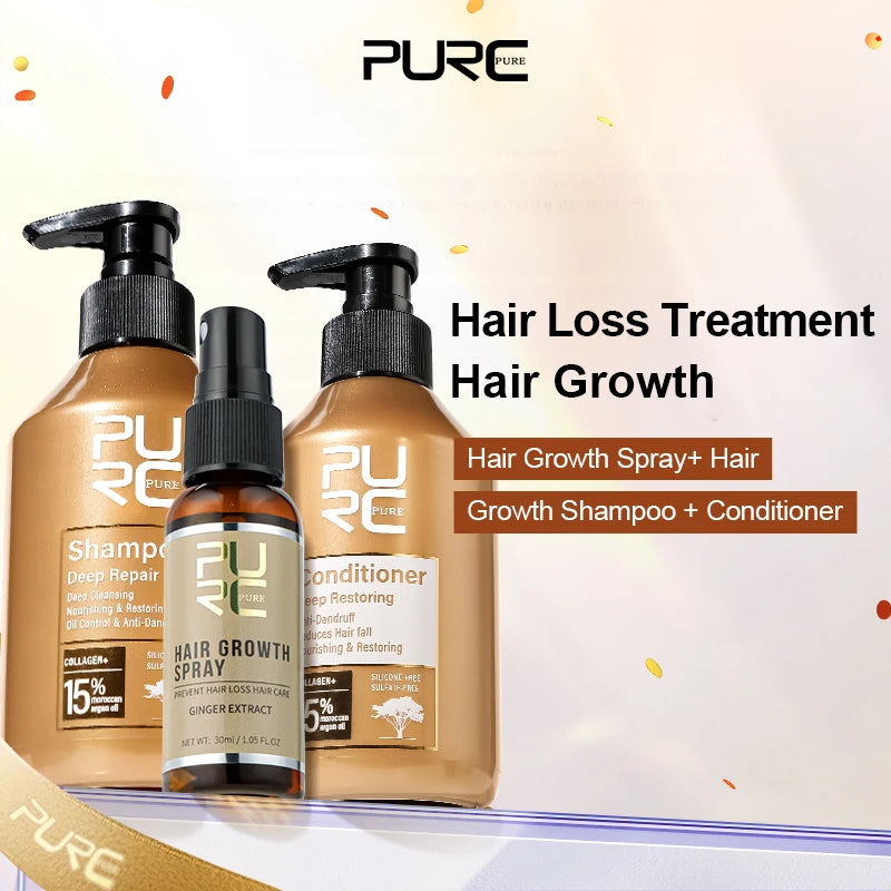 PURC 3-Piece Hair Growth & Anti-Hair Loss Kit | Moroccan Argan Oil Shampoo, Conditioner & Ginger Spray Set