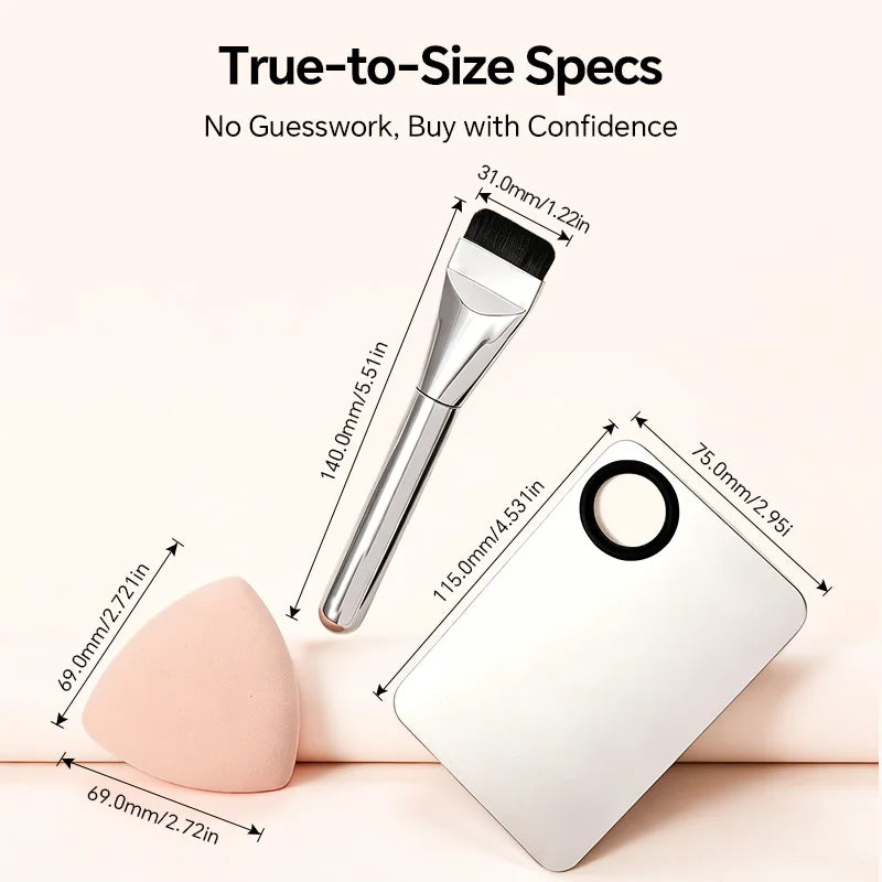 Complete Flawless Foundation Kit - Flat Top Brush, 3-Layer Puff with Case, and Stainless Steel Mixing Palette