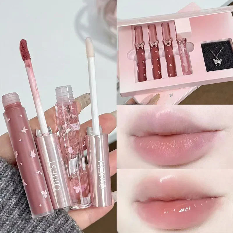 QIBEST 4-Piece Butterfly Lip Gloss & Matte Liquid Lipstick Set with Bonus Crystal Necklace
