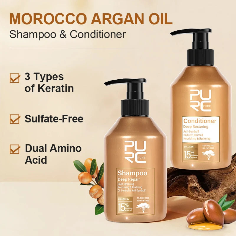 PURC 15% Morocco Argan Oil Shampoo & Conditioner Set – Deep Repair & Oil Control Duo (Sulfate-Free)