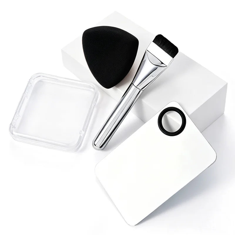 Complete Flawless Foundation Kit - Flat Top Brush, 3-Layer Puff with Case, and Stainless Steel Mixing Palette