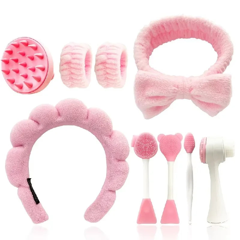 9-Piece Ultimate Skincare & Spa Set – Silicone Facial Cleansing Brushes, Spa Headbands & Wrist Washbands Kit