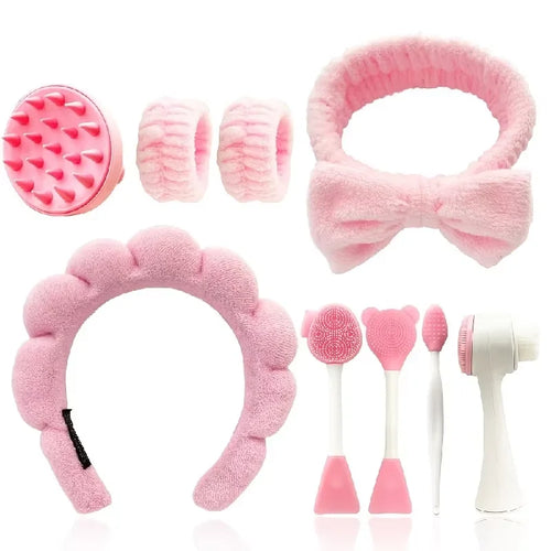 9-Piece Ultimate Skincare & Spa Set – Silicone Facial Cleansing Brushes, Spa Headbands & Wrist Washbands Kit