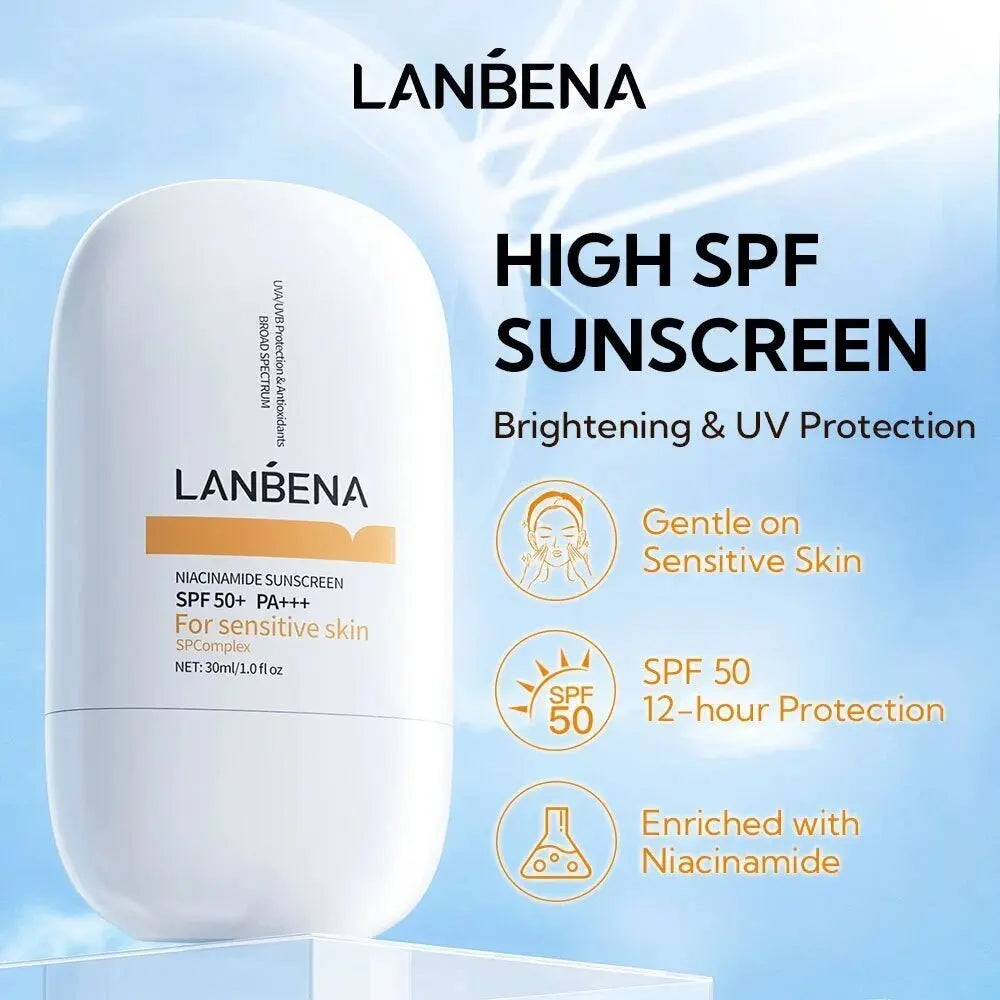 LANBENA Niacinamide Sunscreen SPF 50+ PA+++ – 12-Hour Long-Lasting Protection & Brightening for Sensitive Skin (30ml)