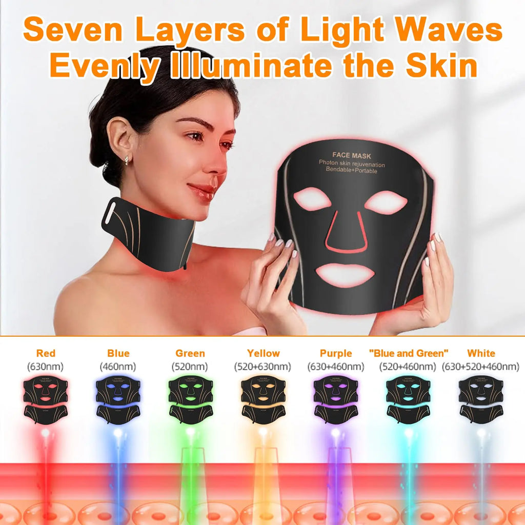 7-in-1 LED Light Therapy Face & Neck Mask Combo – Flexible Silicone Photon Skin Rejuvenation System