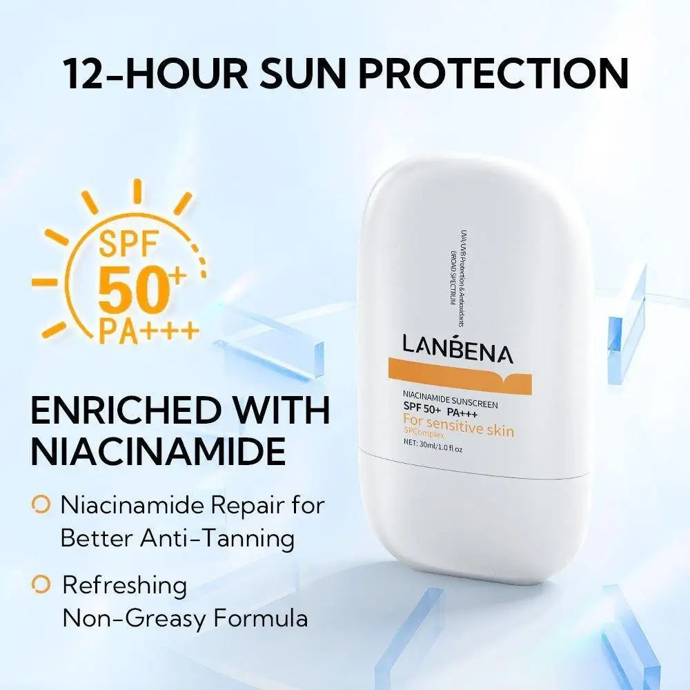 LANBENA Niacinamide Sunscreen SPF 50+ PA+++ – 12-Hour Long-Lasting Protection & Brightening for Sensitive Skin (30ml)