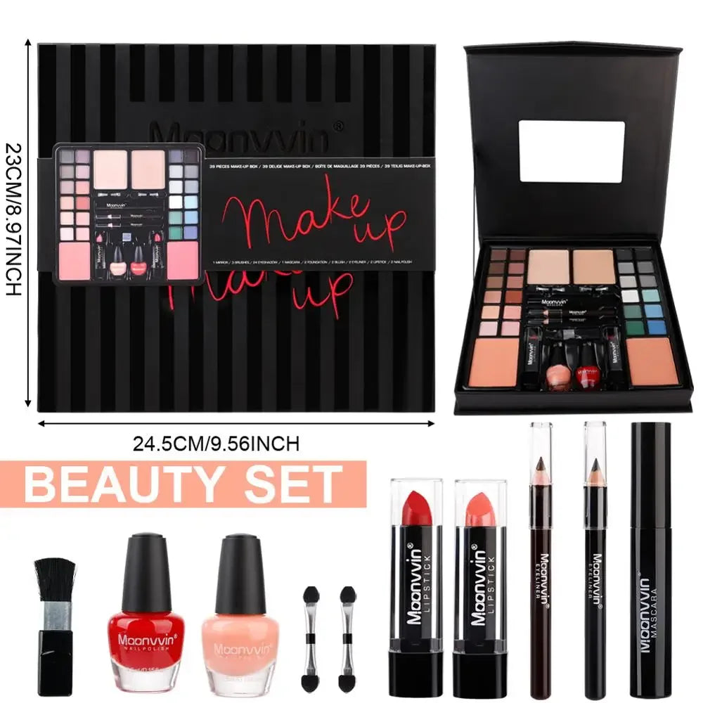 Moonvvin 39-Piece All-in-One Makeup Kit – Complete Beauty Box with Eyeshadow Palette, Lipsticks, Nail Polish & Brushes