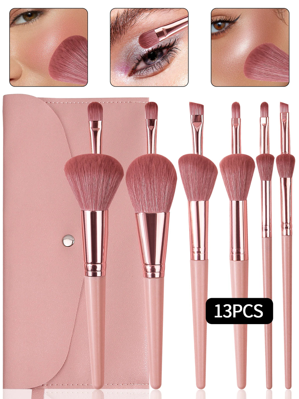 13-Piece Premium Makeup Brush Set with Luxury Travel Pouch – Rose Pink