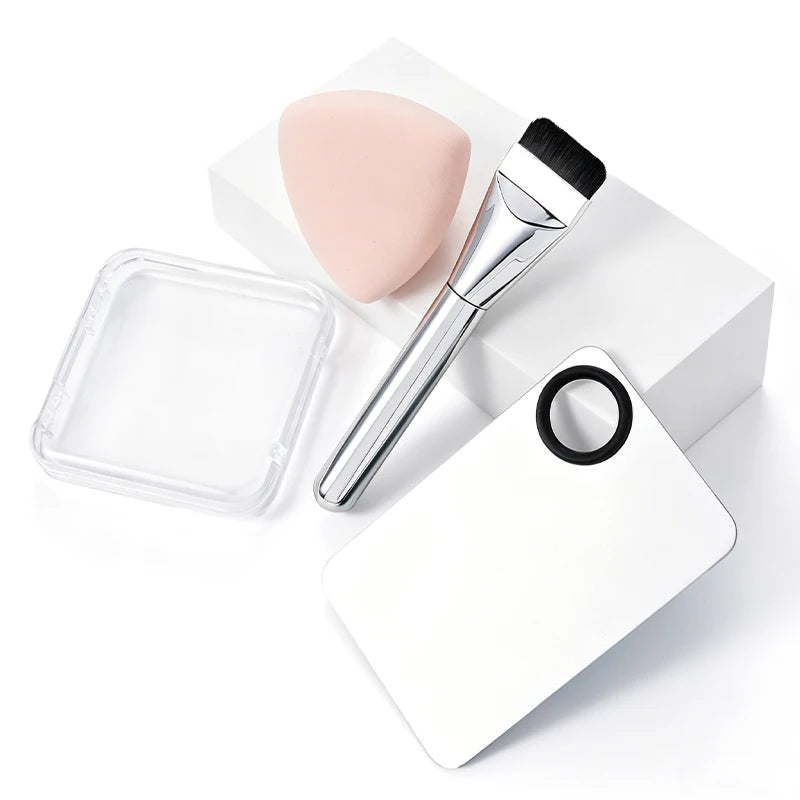 Complete Flawless Foundation Kit - Flat Top Brush, 3-Layer Puff with Case, and Stainless Steel Mixing Palette