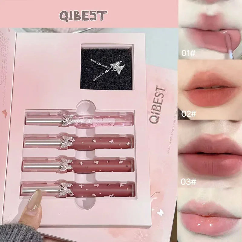 QIBEST 4-Piece Butterfly Lip Gloss & Matte Liquid Lipstick Set with Bonus Crystal Necklace