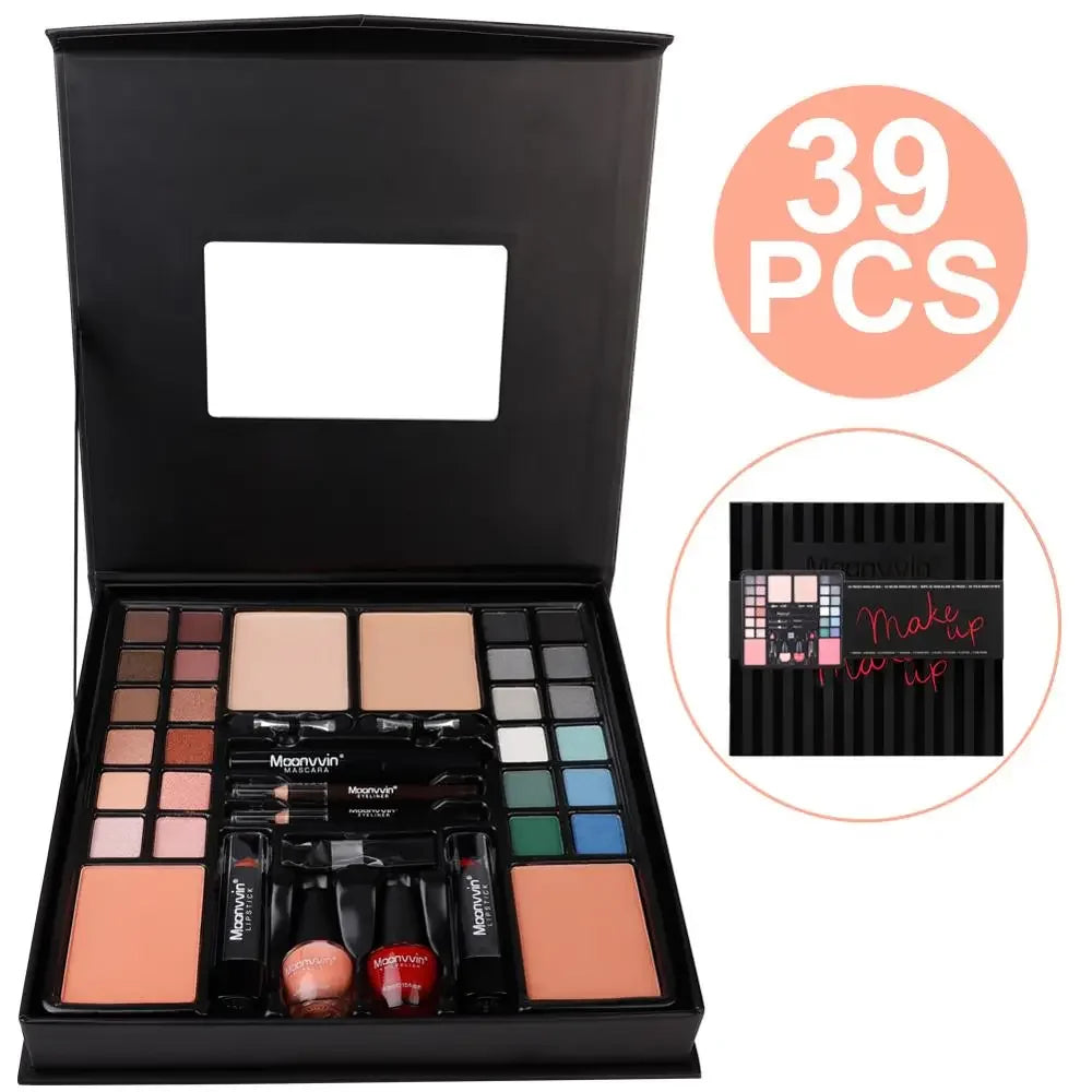 Moonvvin 39-Piece All-in-One Makeup Kit – Complete Beauty Box with Eyeshadow Palette, Lipsticks, Nail Polish & Brushes