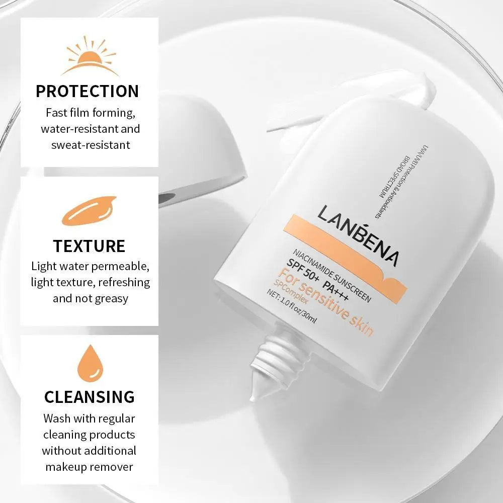 LANBENA Niacinamide Sunscreen SPF 50+ PA+++ – 12-Hour Long-Lasting Protection & Brightening for Sensitive Skin (30ml)