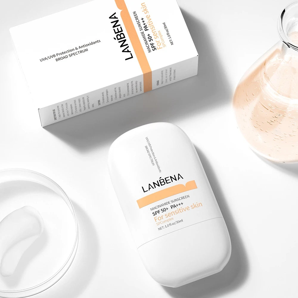 LANBENA Niacinamide Sunscreen SPF 50+ PA+++ – 12-Hour Long-Lasting Protection & Brightening for Sensitive Skin (30ml)