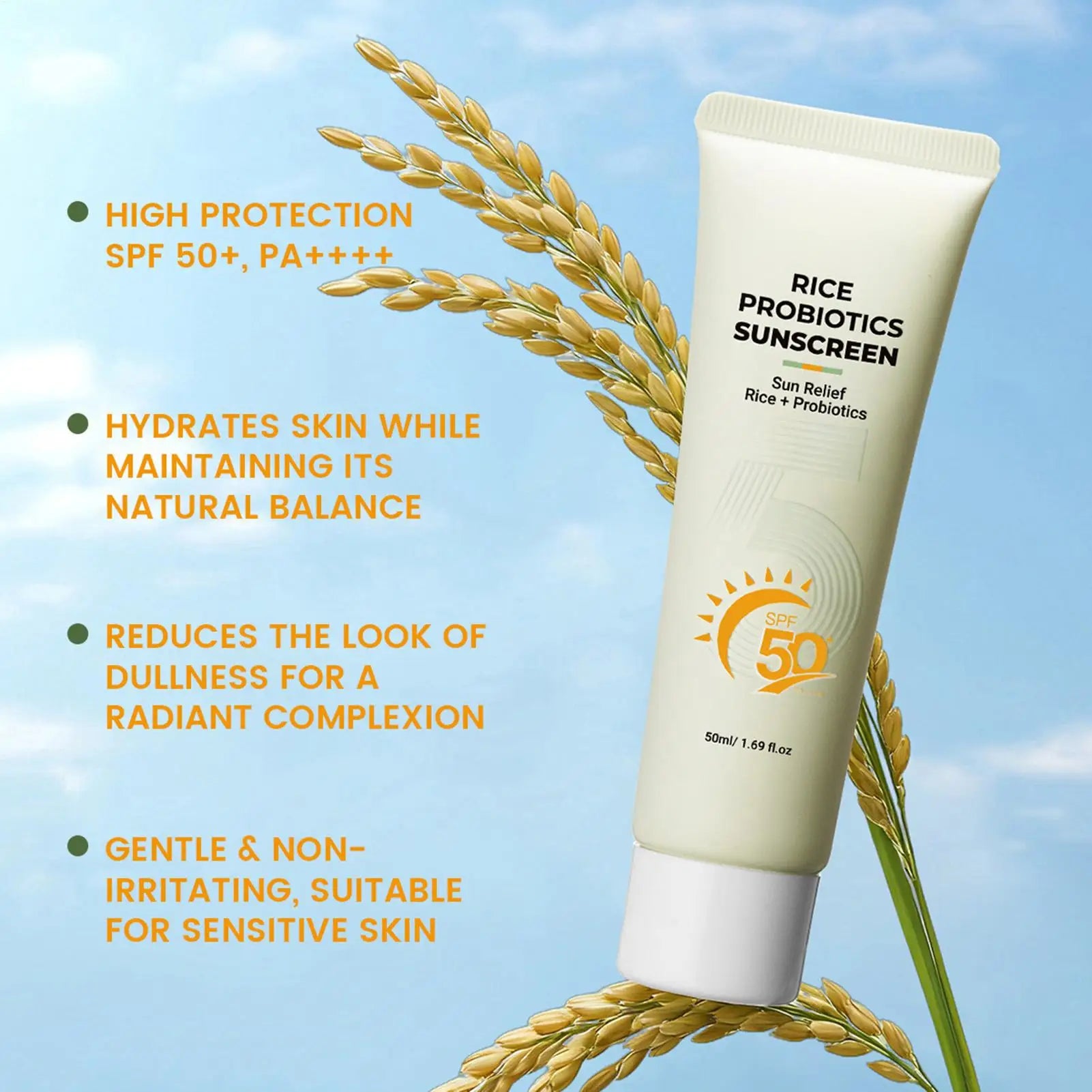 Rice Probiotics Sunscreen SPF 50+ PA++++ – Sun Relief Rice + Probiotics Weightless Hydrating Cream for Sensitive Skin (50ml)