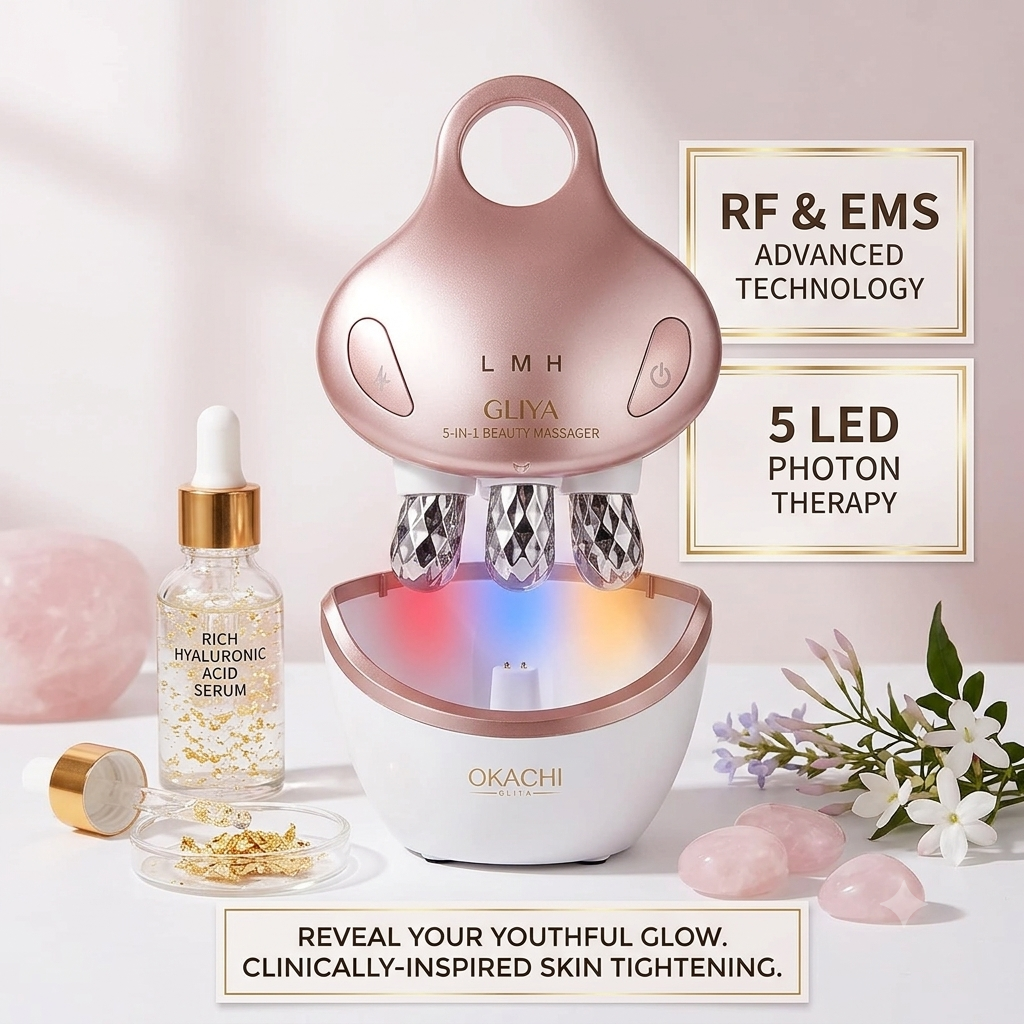 OKACHI GLIYA 5-in-1 EMS RF Facial Massager – Anti-Aging LED Light Photon Therapy & Microcurrent Skin Tightening Device