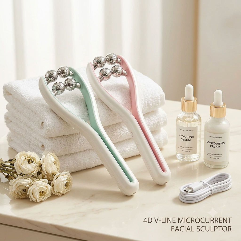 Advanced 4D V-Line Microcurrent Facial Massager – Flexible Double-Sided EMS Face Sculpting & Jawline Toning Roller