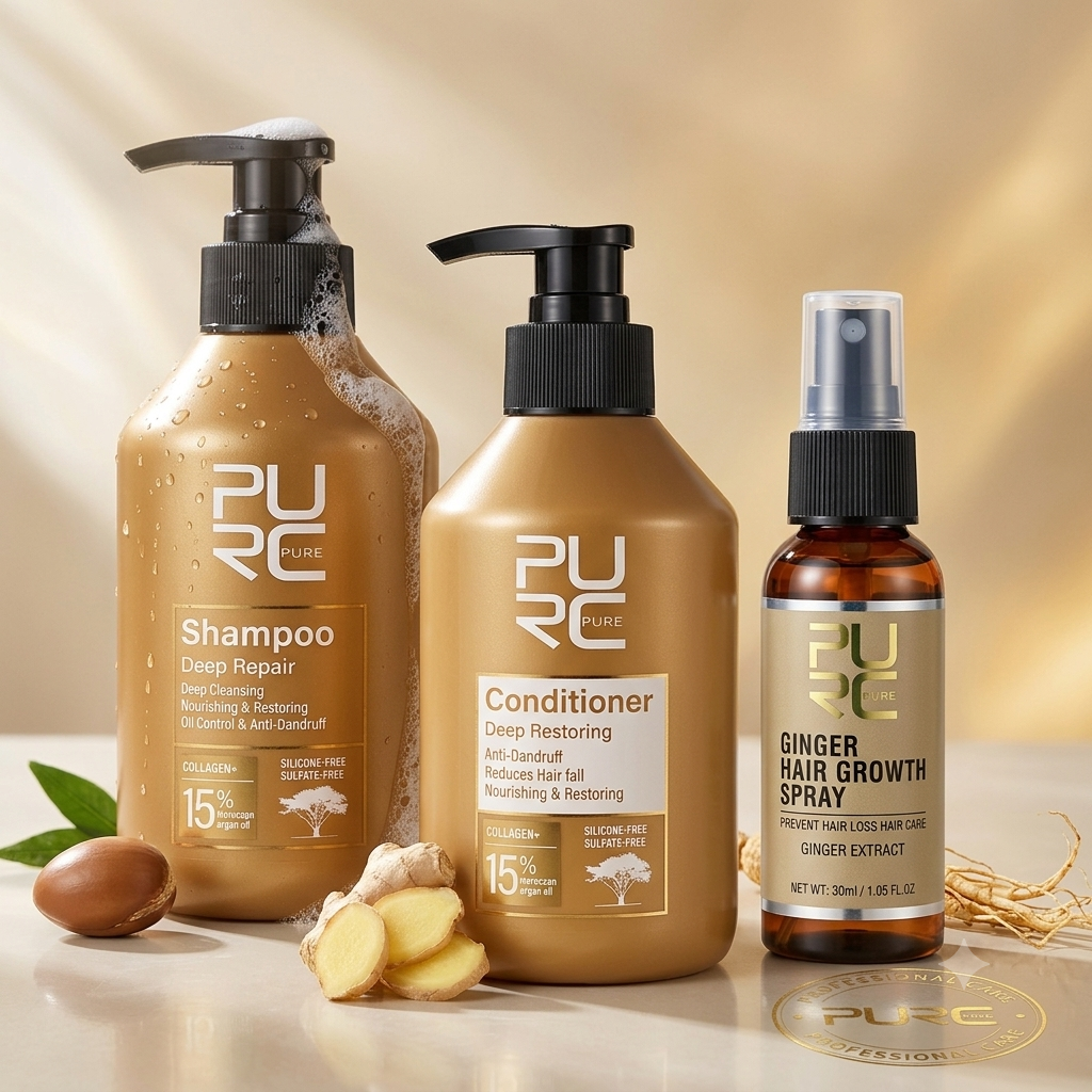 PURC 3-Piece Hair Growth & Anti-Hair Loss Kit | Moroccan Argan Oil Shampoo, Conditioner & Ginger Spray Set