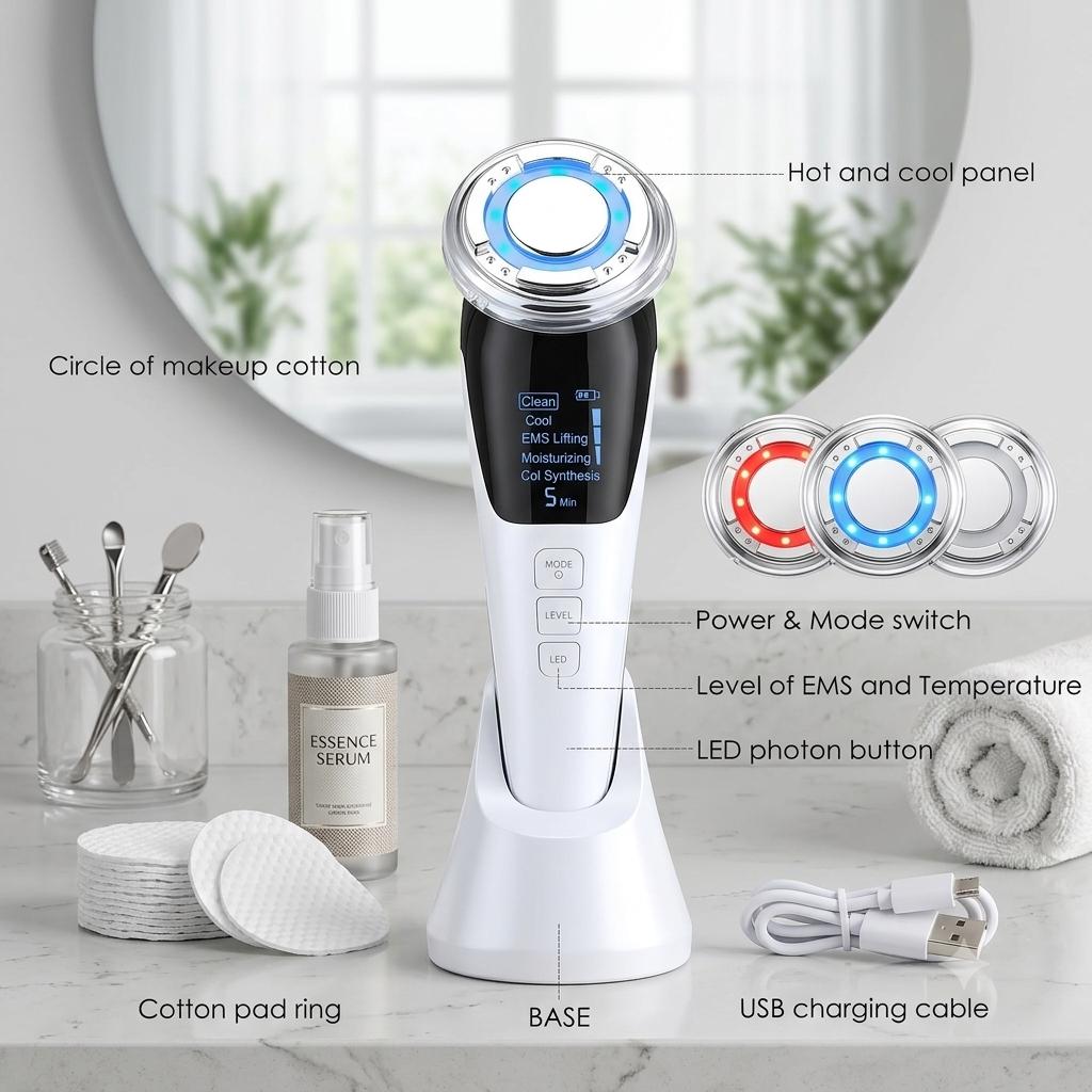 5-in-1 EMS LED Facial Massager – Hot & Cold Sonic Skin Tightening Device