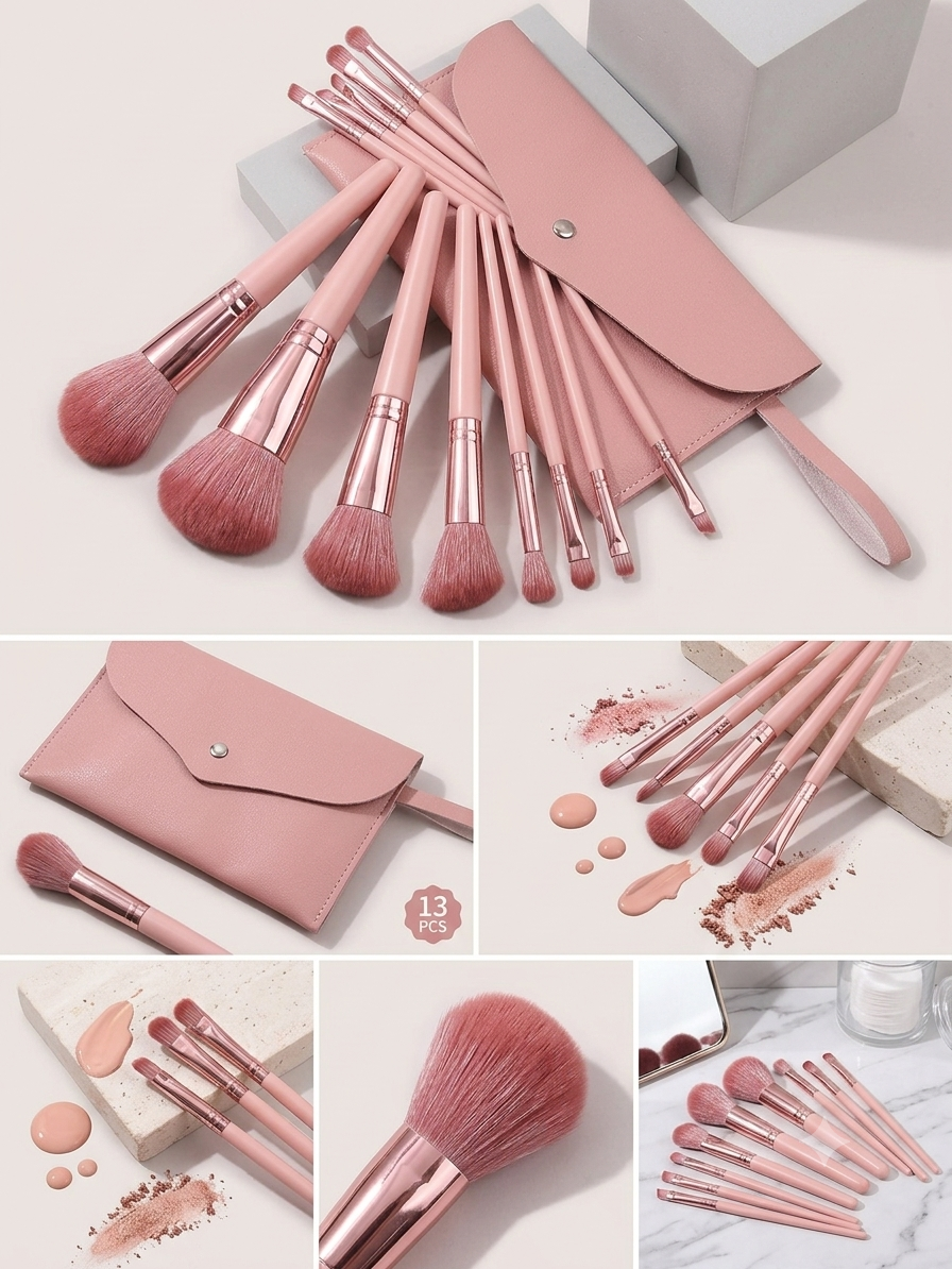 13-Piece Premium Makeup Brush Set with Luxury Travel Pouch – Rose Pink