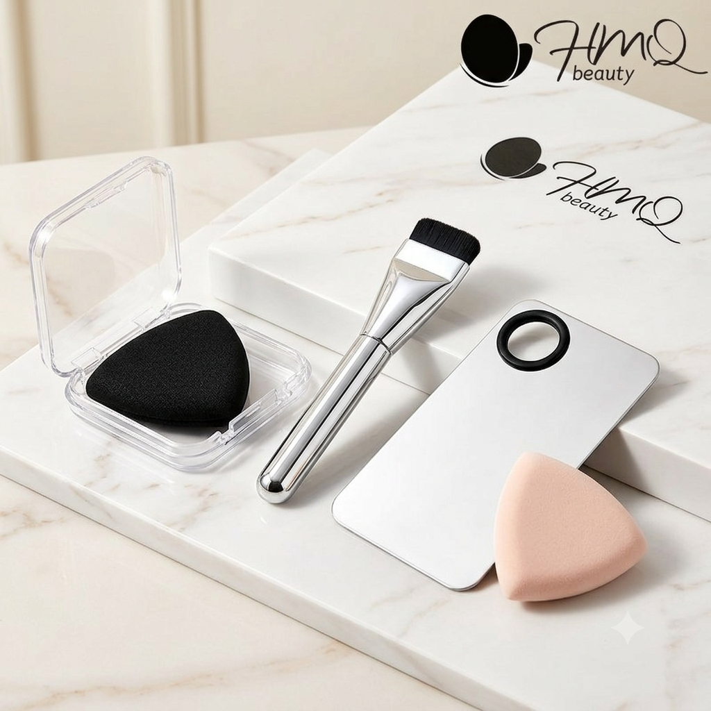 Complete Flawless Foundation Kit - Flat Top Brush, 3-Layer Puff with Case, and Stainless Steel Mixing Palette
