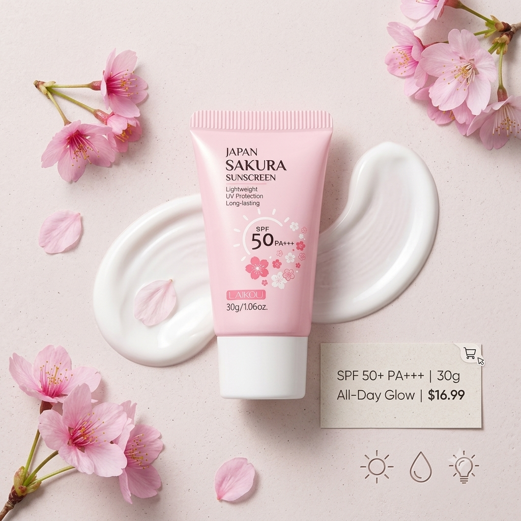 LAIKOU Japan Sakura Sunscreen SPF 50+ PA+++ – Lightweight & Brightening UV Protection (30g)